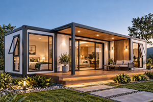 Maison conteneur moderne de forme rectangulaire, extérieur noir, terrasse en bois, portes coulissantes en verre, espace de vie extérieur - Product Image 3