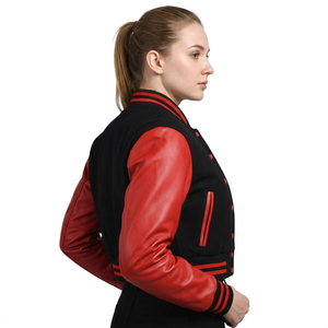 <b>Women's</b> Varsity <b>Jacket</b> Black Knitted Body Red PU <b>Leather</b> Sleeves Button Closure Short Length Stand Collar Autumn Wear - Product Image 3