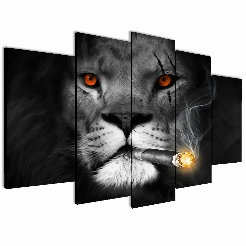 Decorazione della casa moderna 5 pezzi immagine personalizzata stampa su tela senza cornice Wall Art Animal Lion Painting
