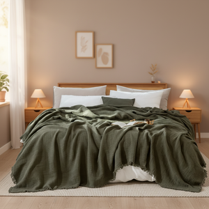 100% कपास मस्लिन बुने हुए कोरियन आधुनिक थ्रो कंबल 4-परत का अनुमान ऑल-अराउंड फ्रिंज अल्ट्रा-सॉफ्ट सांस हल्के - Product Image 2