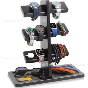 Wooden Watch Stand 3 Tier Black Multi Layer <b>Smart</b> Watch <b>Bracelet</b> Glasses Desktop Storage Rack With Charging Port - Product Image 1