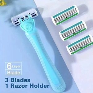 Women's Manual Razor 6 Layer Blade Stainless Steel Blue Handle Underarm Shaving Razor With 18 Replacement Blades - Product Image 2