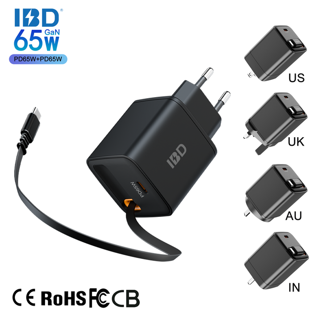 For PD 65W Gan Fast Charger Retractable USB-C Cable PD 3.0 Travel Wall Charger for Laptop & Mobile Phones