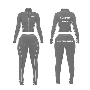 Custom Tracksuit Women 2 Pieces Sets Clothing Cotton Nylon Crop Top Leggings Joggers Women Skinny Jacket Tracksuit Sets