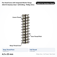 Pan Head Screw with Integrated Washer Flange 304/316 Stainless Steel Self Drilling 4.2 x 25 mm Phillips Drive Wholesale