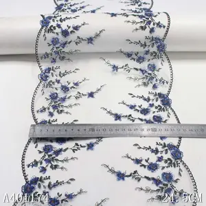Best sale white embroidery 24.5cm wide broderie anglaise 3d blue flower lace fabric