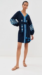 Vestido Largo Azul Bordado de Estilo Dulce para Mujer con Cinturón de Encaje, Manga Corta, Escote Profundo en V, Tejido Sólido, Cintura Natural, para Fiestas - Product Image 3