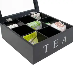 Wooden Tea Storage Box with 9 Compartments for Packets, Coffee, Sugar