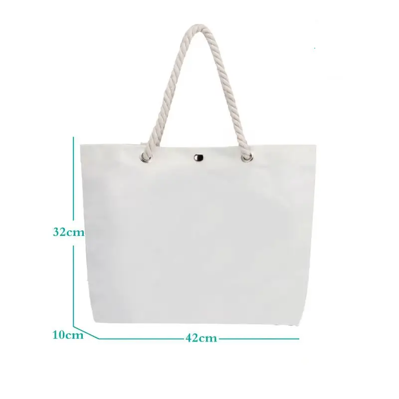 กระเป๋าผ้าใบสีขาวสำหรับช้อปปิ้งในฤดูร้อน,กระเป๋าทรงสี่เหลี่ยมแบบระเหิดเชือกสำหรับเดินชายหาดสไตล์แนวนอน
