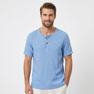 Camicie da <span class=keywords><strong>Uomo</strong></span> in <span class=keywords><strong>Lino</strong></span> OEM <span class=keywords><strong>100</strong></span>% <span class=keywords><strong>Lino</strong></span> Senza Colletto Manica Corta Mezza Abbottonatura Casual Tinta Unita Fornitura Diretta dalla Fabbrica - Product Image 1