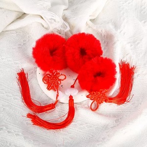 <b>Red</b> Woolen Terry Cloth Hair Tie With Tassel For Children New Year Occasion - Product Image 4