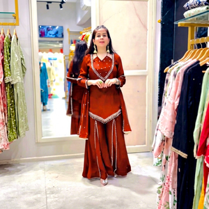 Top Selling Traditional Orange <b>Silk</b> Indian Pakistani Kurti Palazzo Salwar Suit for Adults Women's Bollywood Ethnic Ready To Wear - Product Image 1