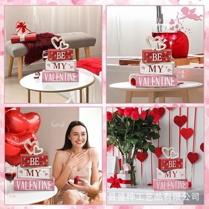 Décoration en blocs de bois pour la Saint-Valentin, panneau 'Be My Valentine' à empiler, accessoires de photographie d'intérieur, ornement artisanal rectangulaire en bois - Product Image 2