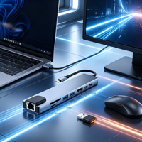 Docking Station Komputer Dual Interface 8-Port Berbahan Aluminium Alloy untuk Pengisian Daya PD 2.0 4K, USB3.0/USB2.0, Pembaca Kartu SD/TF - Stok Bekas