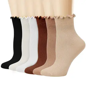 定制女性休闲可爱踝袜透气针织棉生菜褶边人筒袜