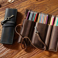 Étui à stylos artistique en cuir PU personnalisé avec logo, étui à crayons rétro, porte-stylos, organiseur de papeterie portable, pochette pour fournitures de bureau