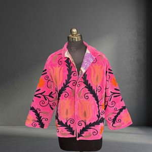 Pink Suzani <b>Velvet</b> Embroidered <b>Jacket</b> Bohemian Winter Coat Handcrafted Floral Open Front Kimono Ethnic <b>Women</b> Outerwear - Product Image 4
