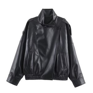 <span class=keywords><strong>Veste</strong></span> bomber <span class=keywords><strong>en</strong></span> <span class=keywords><strong>simili</strong></span> <span class=keywords><strong>cuir</strong></span> à col montant, style europé<span class=keywords><strong>en</strong></span> et américain, élégante et tendance pour femmes, manches longues - Product Image 2