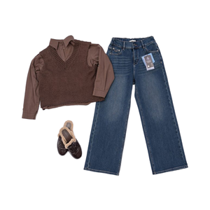 大码女式高腰阔腿牛仔裤常规版型四季弹力透气环保牛仔裤涤纶 - Product Image 1