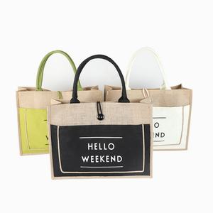 Bolsas de Compras Reutilizables de Yute Natural con Bolsillo y Logotipo Personalizado Impreso, Ecológicas, HELLO WEEKEND - Product Image 3