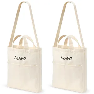 Large Capacity Student Canvas Shopping Tote Bag Eco Friendly Cotton Shoulder Bag Multiple Pockets Canvas Bag For Men