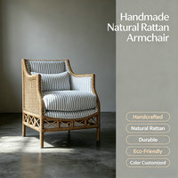 Fauteuil lounge d'intérieur en rotin naturel fait main, rayures bleues, ergonomique, en cannage tressé, pour hôtel, maison ou appartement