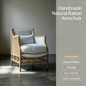 Fauteuil lounge d'intérieur <span class=keywords><strong>en</strong></span> <span class=keywords><strong>rotin</strong></span> <span class=keywords><strong>naturel</strong></span> fait main, rayures bleues, ergonomique, <span class=keywords><strong>en</strong></span> cannage tressé, pour hôtel, maison ou appartement - Product Image 3