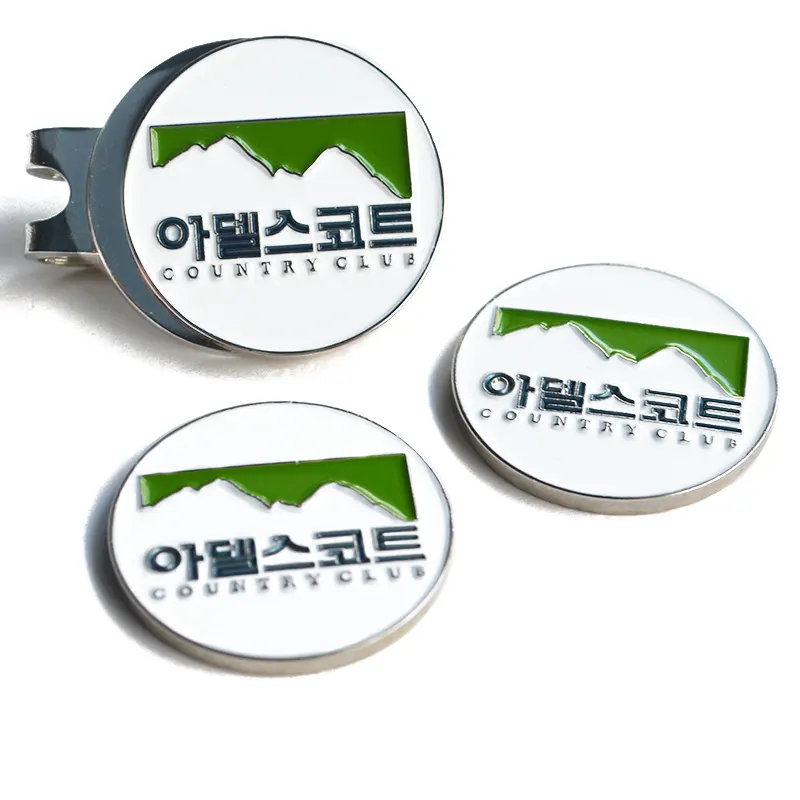 無料サンプルカスタム2mm厚ヘビー韓国ゴルフメタルマーカー磁気エナメルボールマーカーゴルフアクセサリー