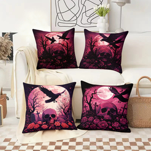 Coussins décoratifs gothiques d'Halloween avec des crânes, des corbeaux et une lune pleine pour une décoration saisonnière effrayante - Product Image 2