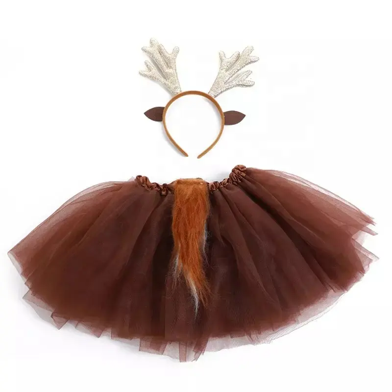 Girls Halloween Brown Dress Kids Christmas Deer Movie Costume Cosplay Tutu Skirt With Antle Headband