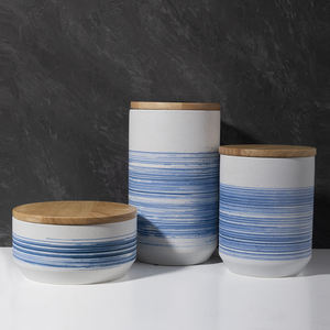 Cuenco de cubierta de bambú blanco y azul de <span class=keywords><strong>Merlin</strong></span> Living con tarro de cerámica nórdico dibujado a mano, decoración de lujo para el hogar, almacenamiento de alimentos - Product Image 1