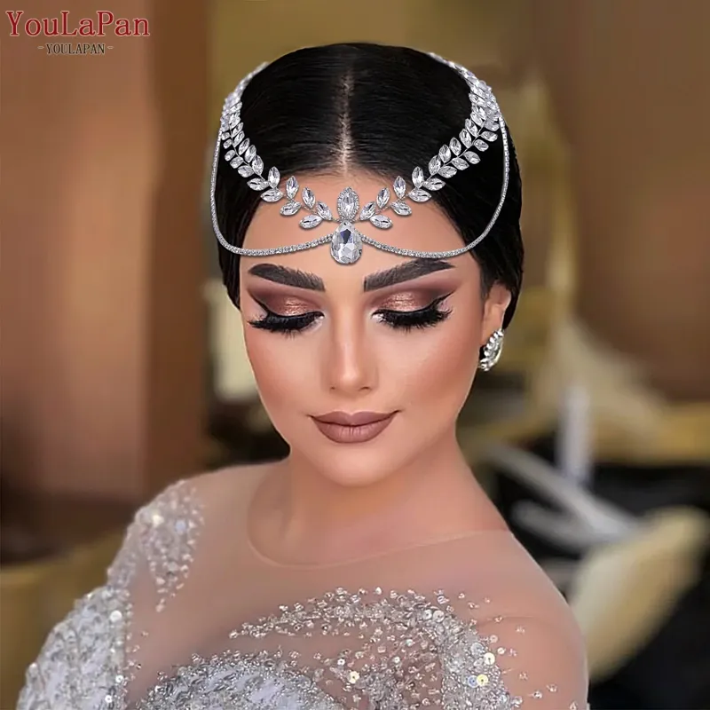 YouLaPan HP524 Full Diamond Headpiece Banquet Woman Hair Chain Comb Bride Drops Forehead Chain Wedding Headdress