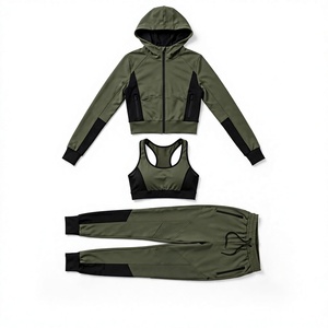 Conjunto Deportivo de 3 Piezas para Mujer, Chaqueta con Capucha y Cierre, Sujetador Deportivo, Leggings, Color Verde Oliva, Bloques de Color, Secado Rápido - Product Image 1