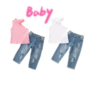 Girls Summer New Design Children's Clothing Strapless Undershirt Denim Pants Suit Knit sleeveless vest Ripped jeans