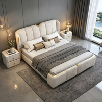 Luxuriöses Plissiertes Echtleder-Doppelbett mit Goldenem Metallfuß, Weich Gepolstert, Massivholzrahmen, Hauptschlafzimmerbett