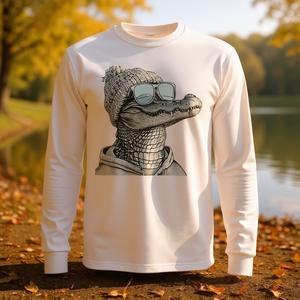 T-shirt a maniche lunghe con coccodrillo e occhiali da sole, stile retrò vintage, cool e rilassato - Product Image 3