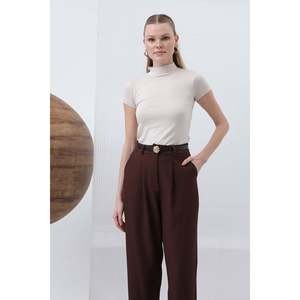 Puane Women's Brown Pleated <b>Trousers</b> - Elegant Loose Fit Casual Pants for Everyday Wear - Comfortable and Stylish <b>Ladies</b> Bottoms - Product Image 1