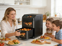 Friteuse à air moderne 2x5L à double panier avec écran tactile, contrôle numérique, application Wi-Fi intégrée pour recettes, et affichage visible du processus de cuisson
