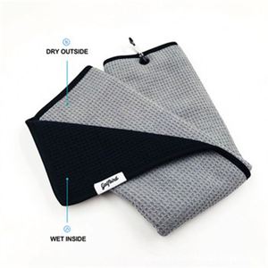 Ensemble de serviettes de golf bleues pliables en trois parties, en microfibre tricotée robuste, écologiques, à séchage rapide, motif gaufré, avec grande pince mousqueton - Product Image 5