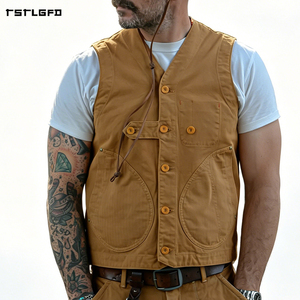 Men Heavyweight Cotton Canvas <b>Vest</b> Asymmetric Multi-Pocket Drawstring Curved Pocket V-Neck Relaxed Fit <b>Utility</b> Workwear Gilet - Product Image 1