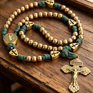 <span class=keywords><strong>Rosario</strong></span> Católico de Madera Verde Oliva con Cordón Paracord, Collar con Crucifijo de San Miguel, Cuentas de Oración y Medalla de San Benito - Product Image 3