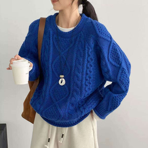 Pull d'hiver pour femmes, couleur unie, tricot torsadé, col rond, coupe ample, anti-rides - Product Image 3