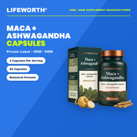Capsules de Maca et Ashwagandha LIFEWORTH en marque blanche 500mg – Complément botanique énergétique et anti-stress – 60 capsules – OEM ODM