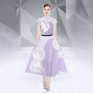 高品质批发时尚两件套短袖褶皱梭织雪纺百褶裙自然腰线可水洗女式连衣裙 - Product Image 2