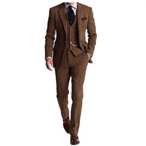 Costumes de marié rétro en tweed marron pour <span class=keywords><strong>homme</strong></span>, <span class=keywords><strong>coupe</strong></span> ajustée, blazer de bal, vintage, <span class=keywords><strong>mariage</strong></span>, 3 pièces - Product Image 1