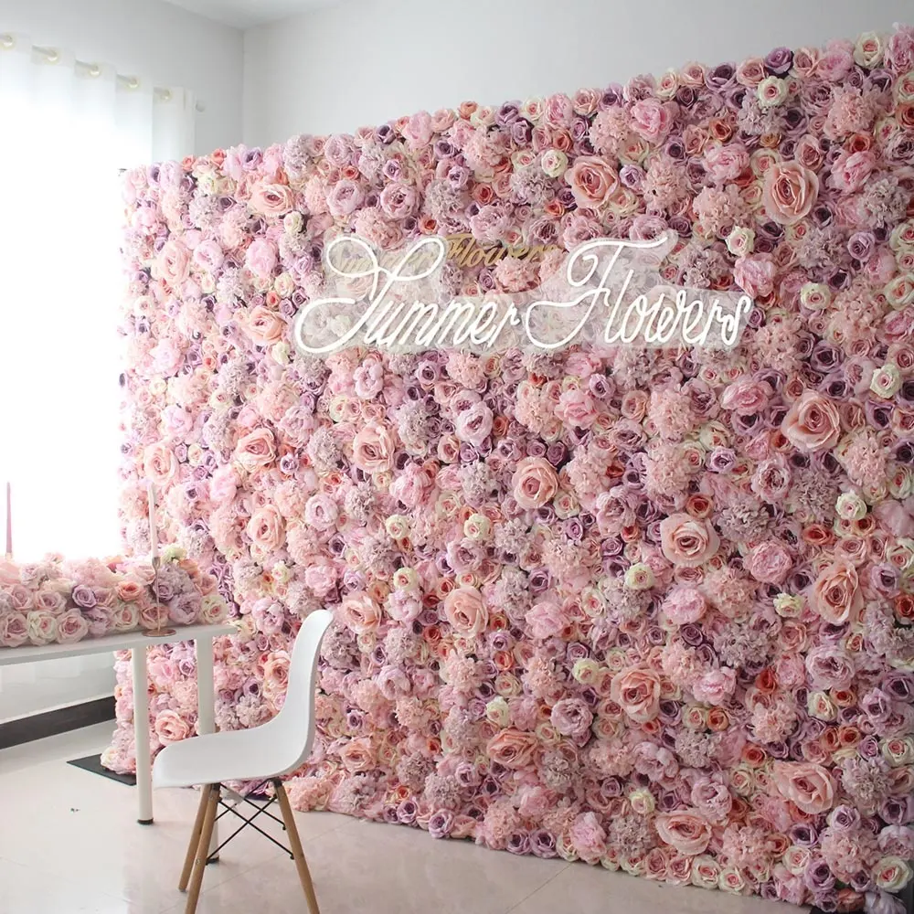 Backdrop rosa de parede de flores artificiais, parede de flores de tecido com toque real, rosa, pano de hortência, decoração de casamento, fundo de parede