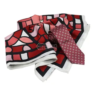 Checkered Ties Custom Print Your Own Design Scarves Red Colour Silk Tie Scarf Set With Logo