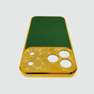 Étui de luxe 2 en 1 en cuir véritable de style <span class=keywords><strong>allemand</strong></span> pour iPhone 17 Texture en cuir de vache émeraude et marron avec gravure profonde en métal - Product Image 4