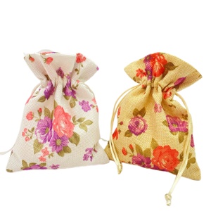 Bolsa de Regalo de Alta Calidad con Estampado Floral, Imitación Lino, con Cordón, para Empaque de Regalos - Product Image 1