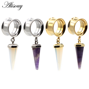 Alisouy 2 piezas de acero inoxidable ópalo púrpura piedra colgante oreja túnel expansor medidores cono internamente hilo Piercing cuerpo joyería - Product Image 2
